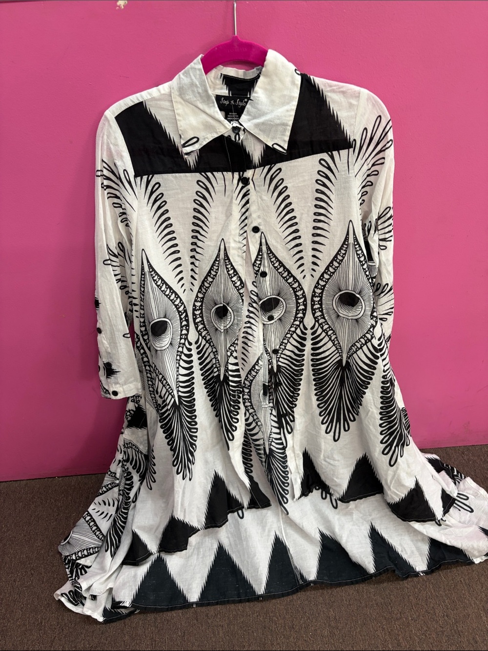Woven Black & White Patterned Shirt Dress